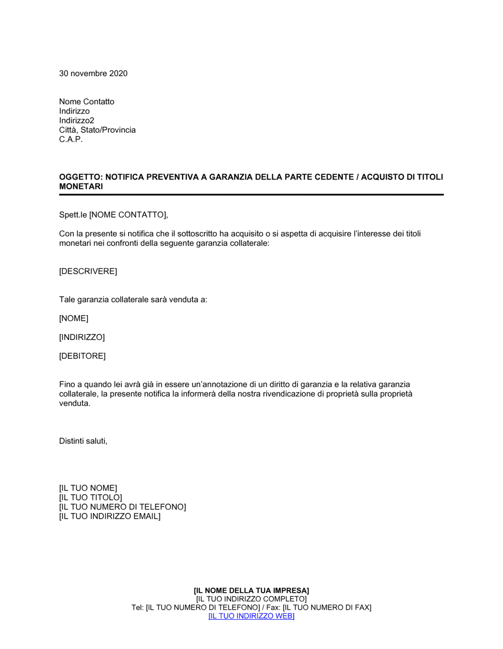 Business-in-a-Box's Notifica preventiva a garanzia della parte cedente