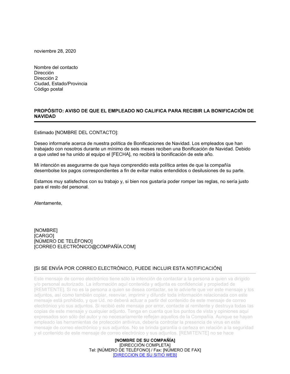 Business-in-a-Box's Notificación acerca de que el empleado no califica para recibir la bonificación de navidad