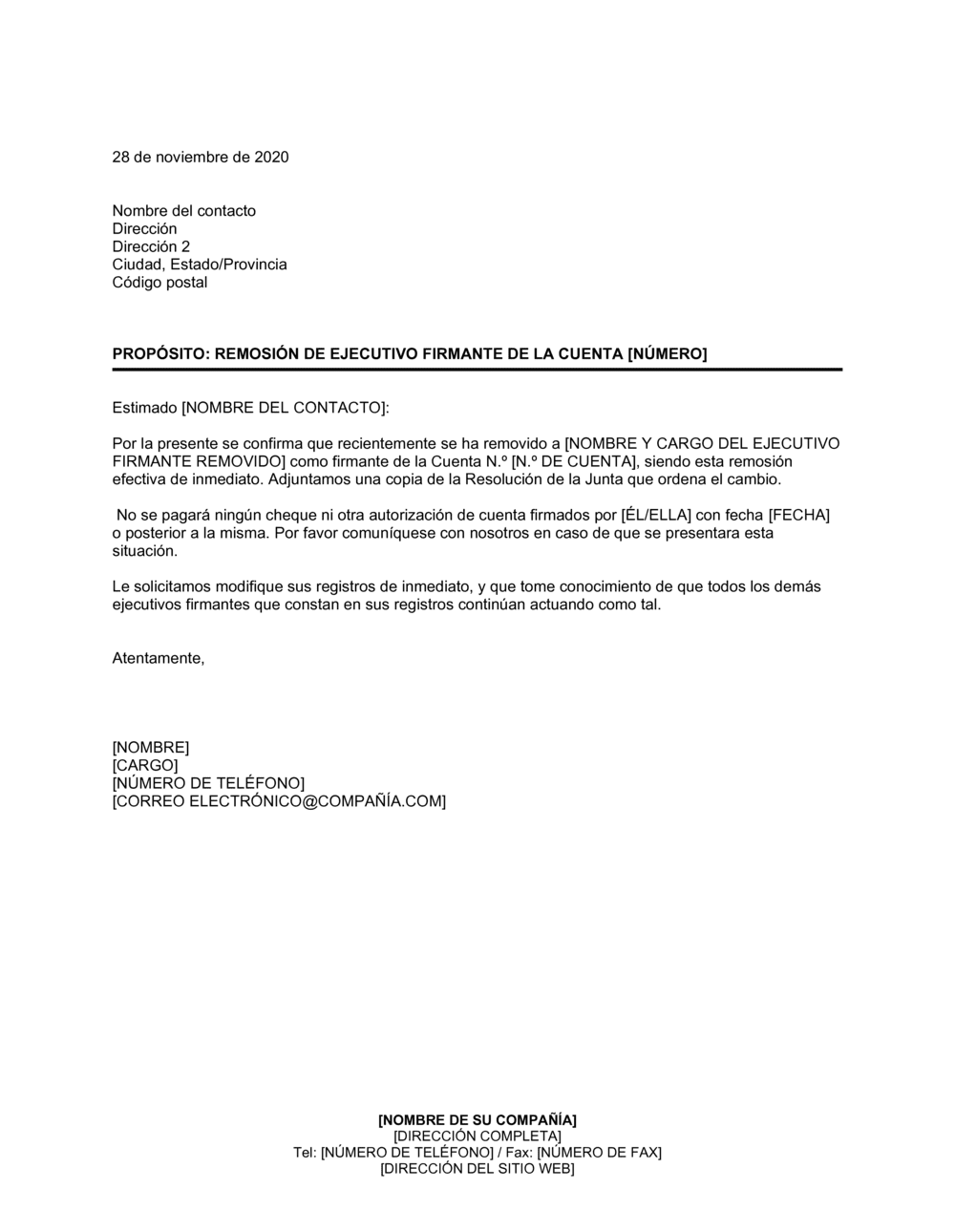 Business-in-a-Box's Notificación al banco sobre la desvinculación del ejecutivo firmante