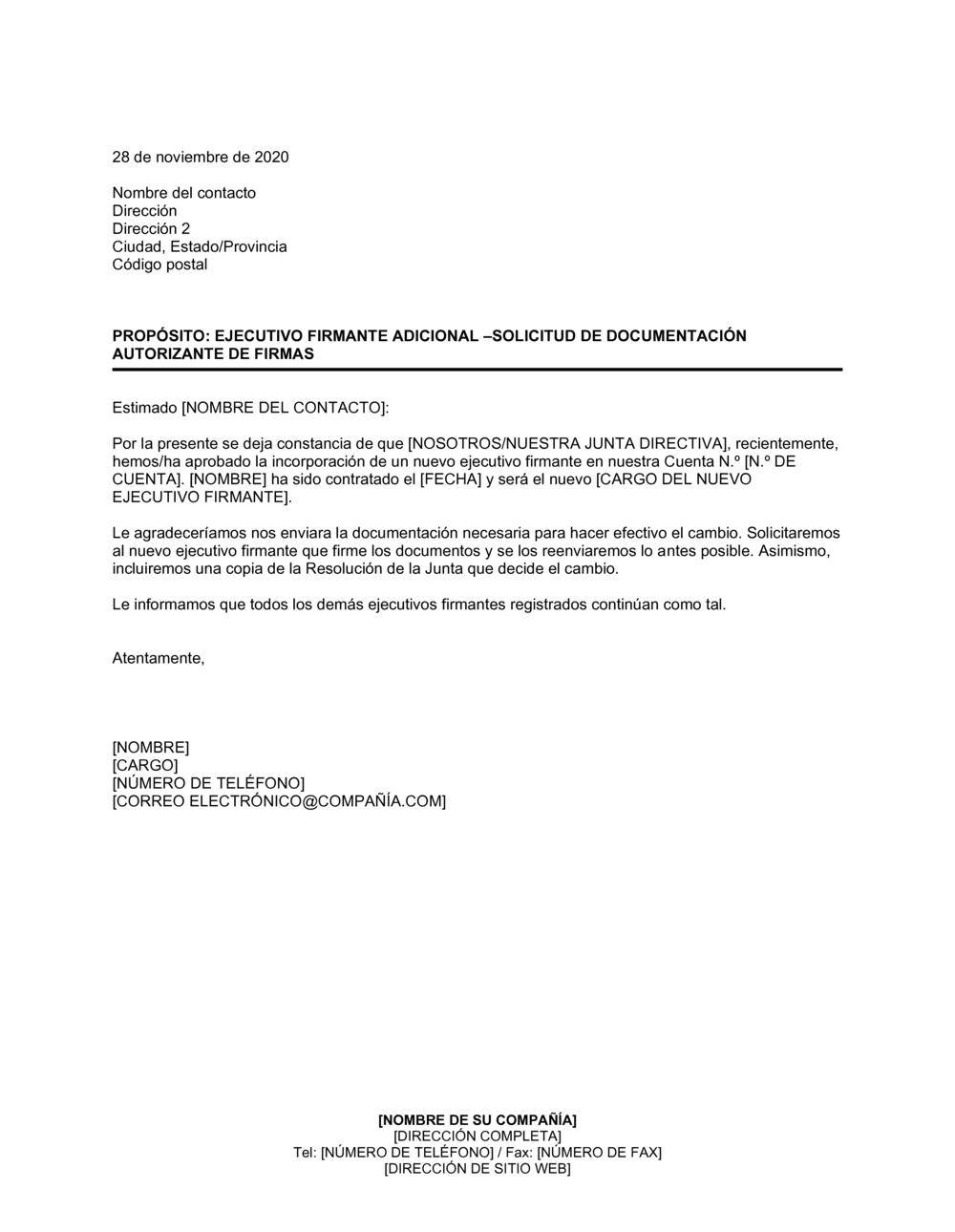 Business-in-a-Box's Notificación al banco sobre la incorporación de nuevo un ejecutivo firmante