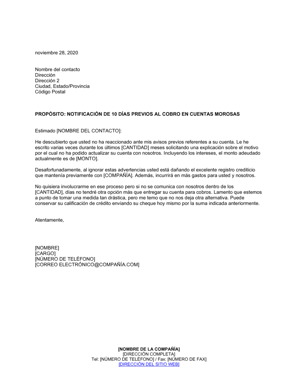 Business-in-a-Box's Notificación de 10 días previos al cobro de cuentas morosas