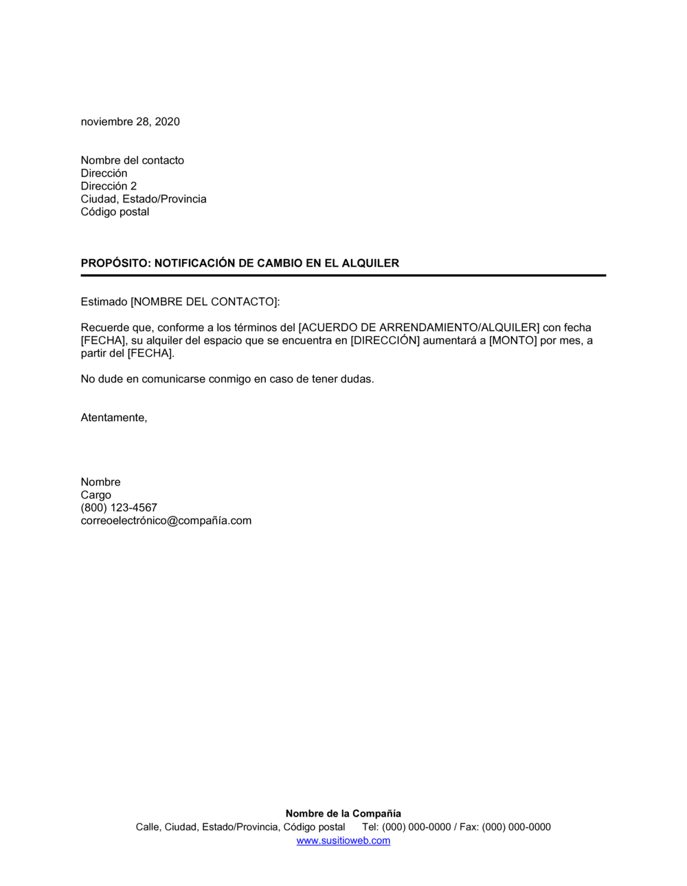 Business-in-a-Box's Notificación de cambio en el alquiler