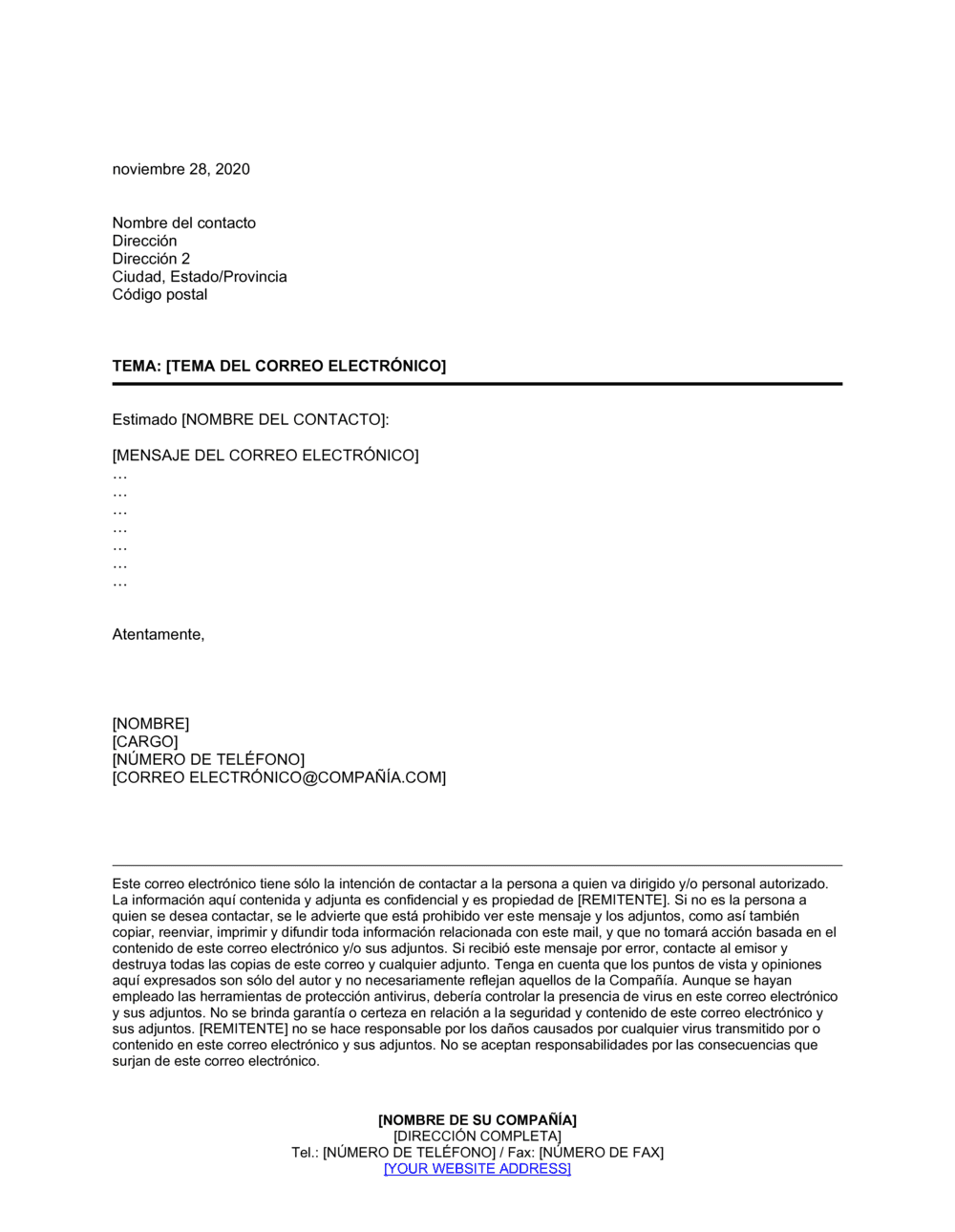 Business-in-a-Box's Notificación de confidencialidad y renuncia por correo electrónico