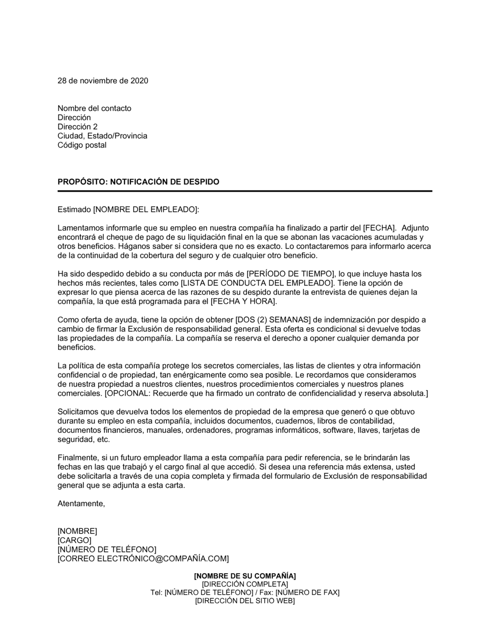 Business-in-a-Box's Notificación de despido