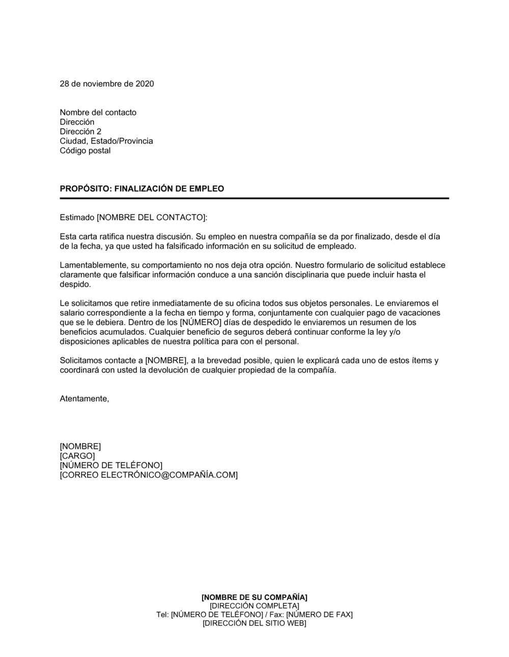 Business-in-a-Box's Notificación de despido por información falsa del empleado