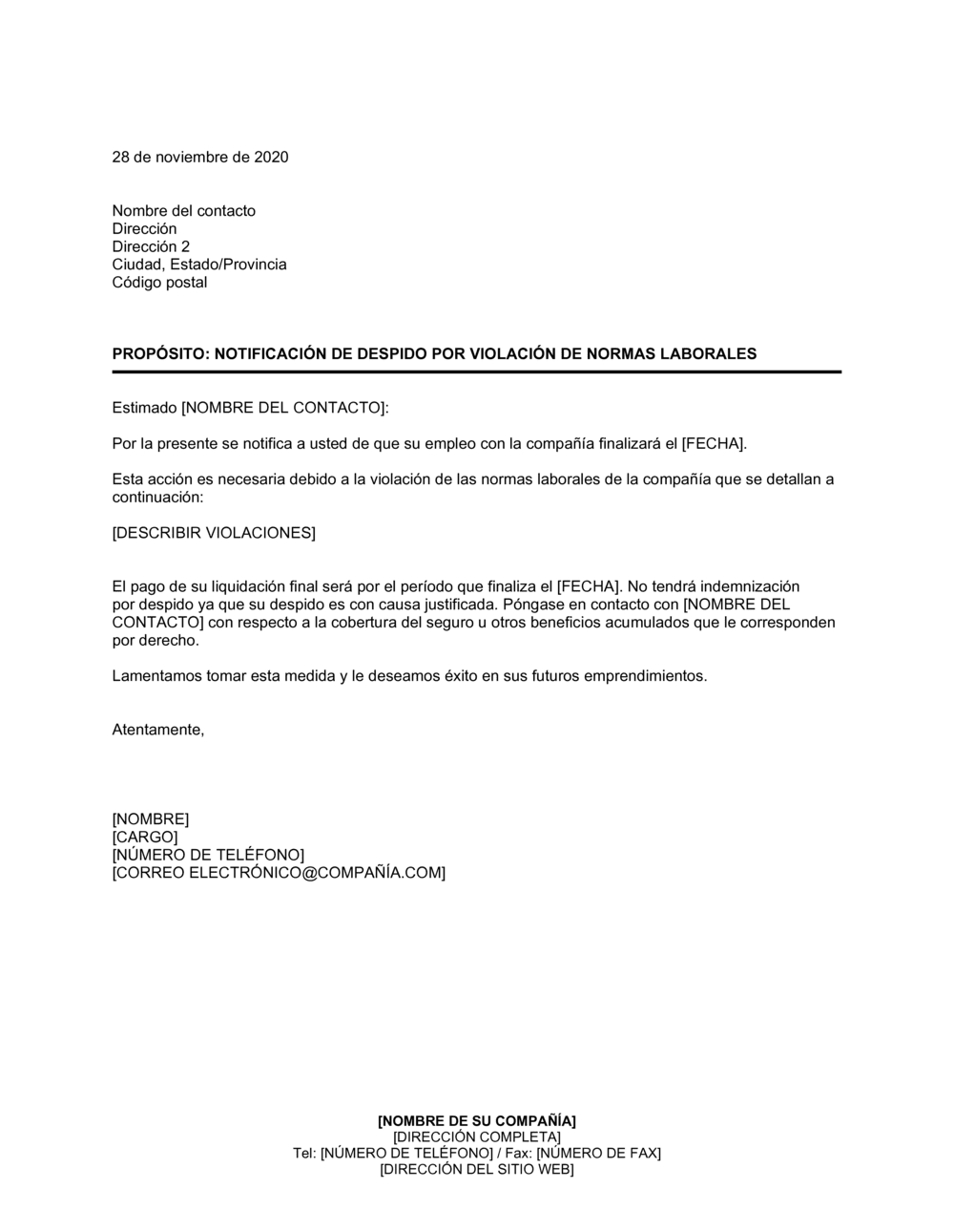 Business-in-a-Box's Notificación de despido por violación de normas laborales