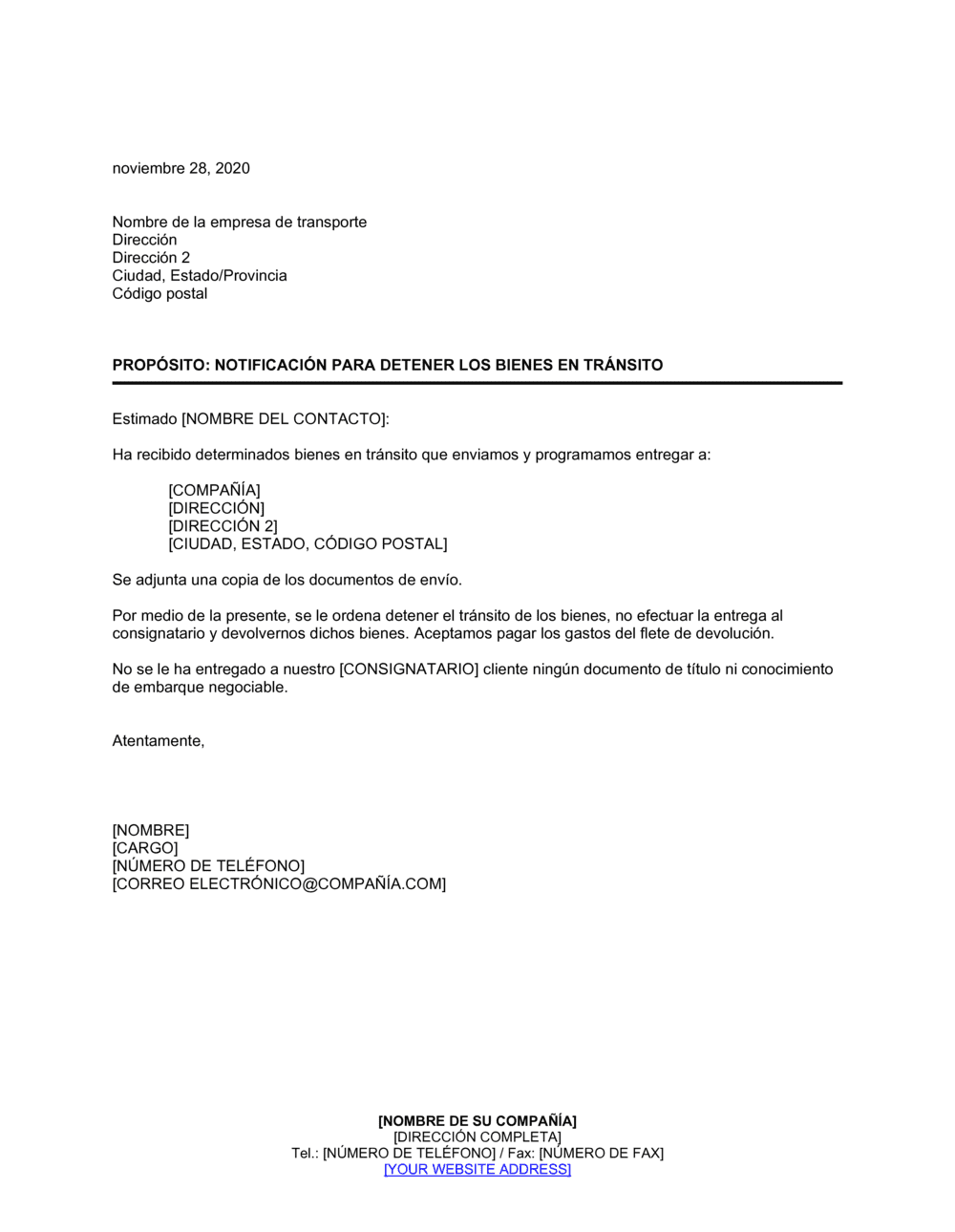 Business-in-a-Box's Notificación de detención de mercadería en tránsito
