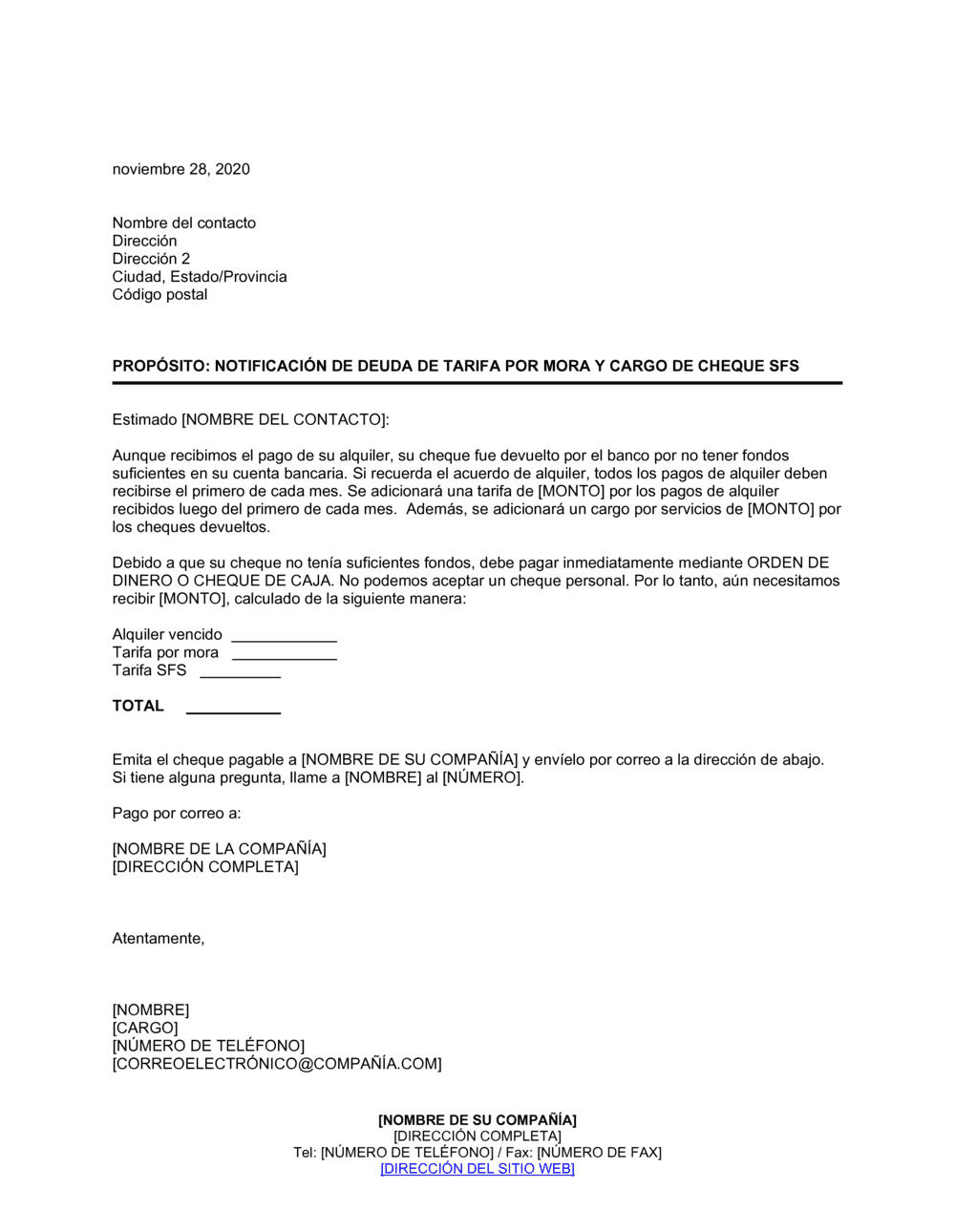 Business-in-a-Box's Notificación de deuda de tarifa por mora y cargo de cheque SFS