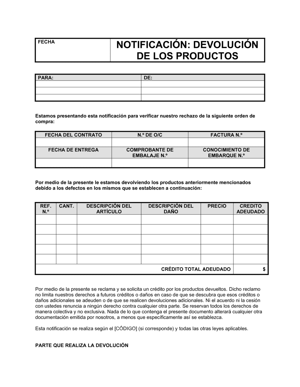 Business-in-a-Box's Notificación de devolución de mercadería