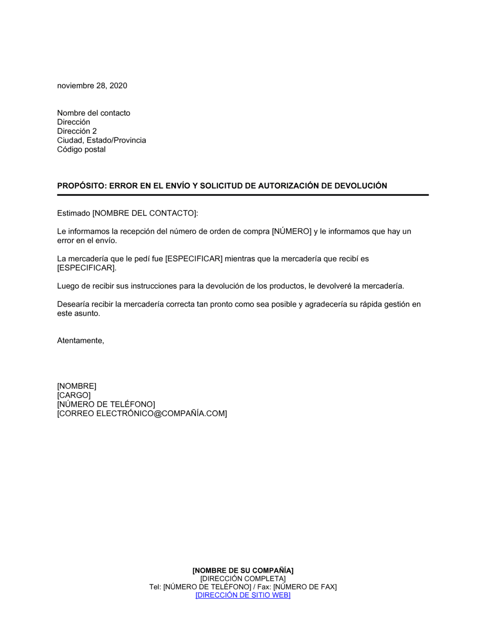 Business-in-a-Box's Notificación de error en el envío y solicitud de autorización de devolución