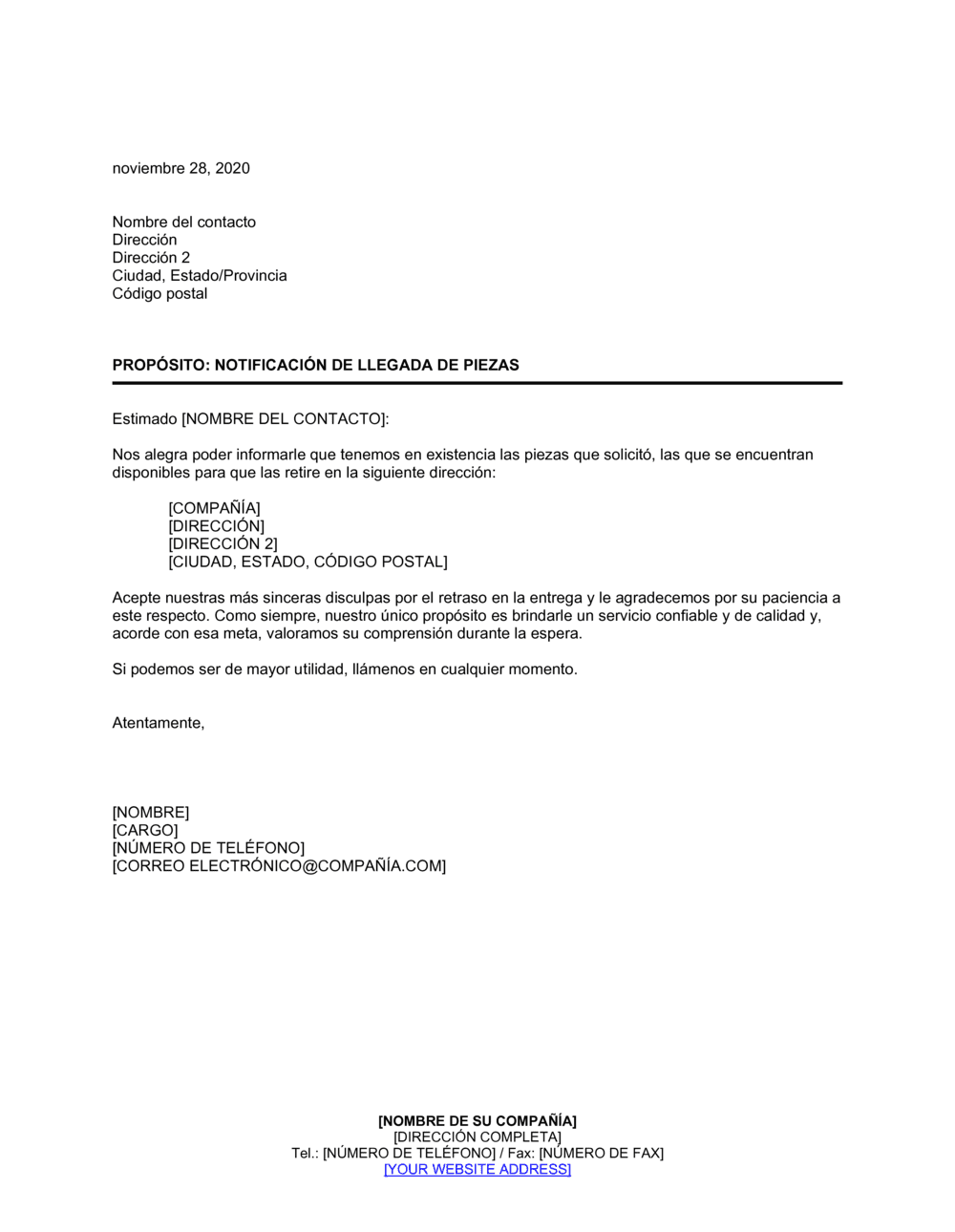 Business-in-a-Box's Notificación de llegada de piezas