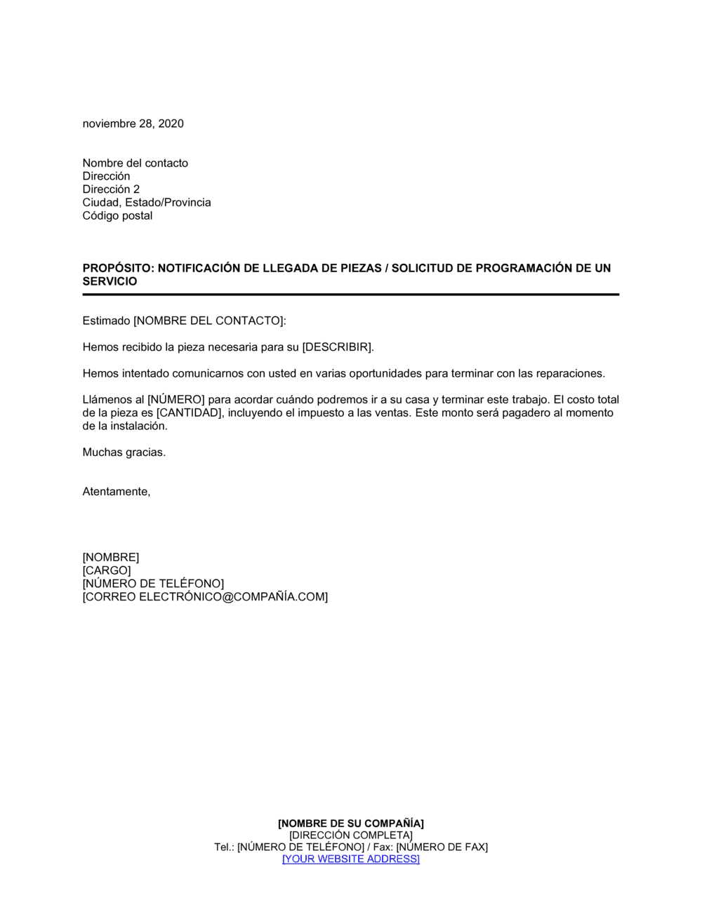Business-in-a-Box's Notificación de llegada de piezas con solicitud de programación de servicio