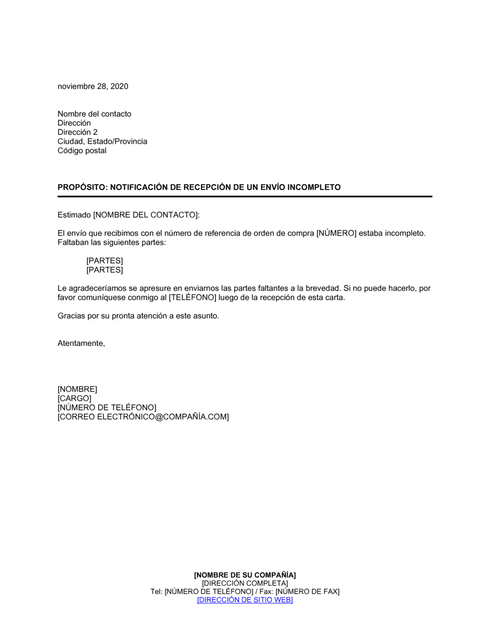 Business-in-a-Box's Notificación de recepción de envío incompleto