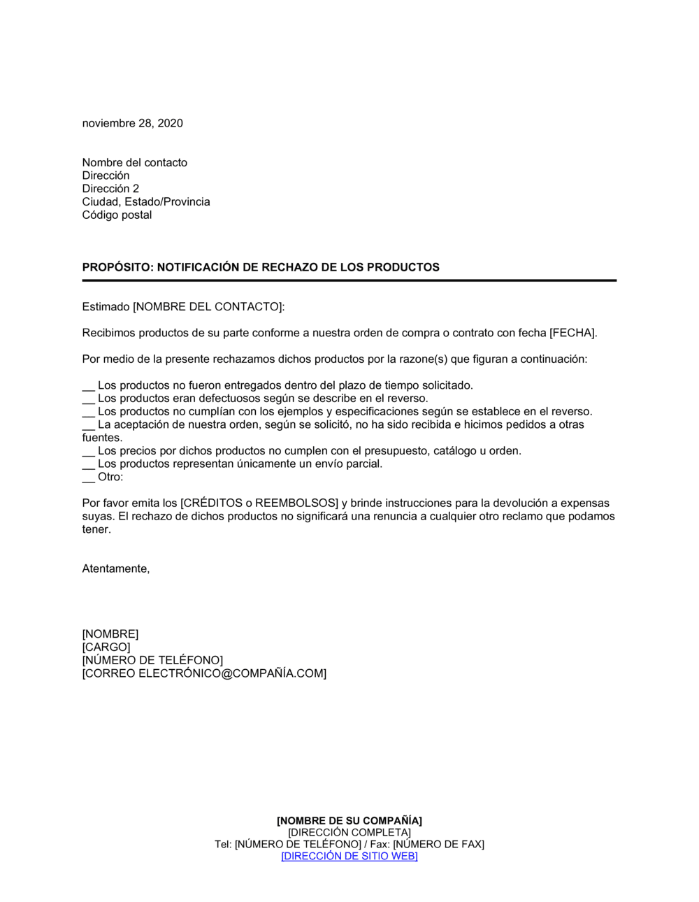 Business-in-a-Box's Notificación de rechazo de mercaderías
