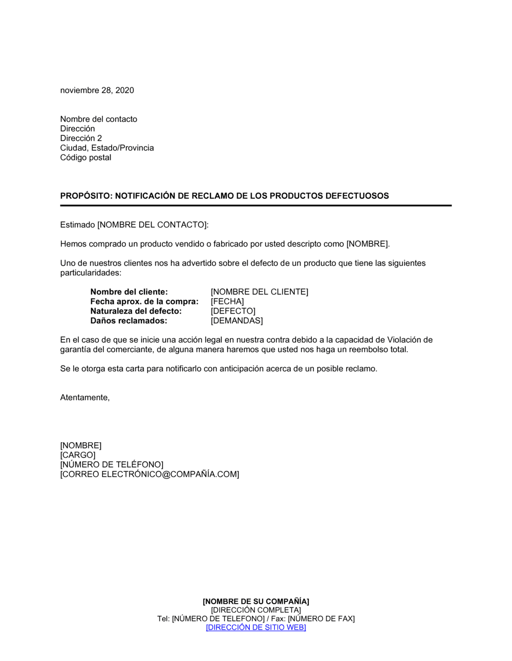 Business-in-a-Box's Notificación de reclamo de productos defectuosos