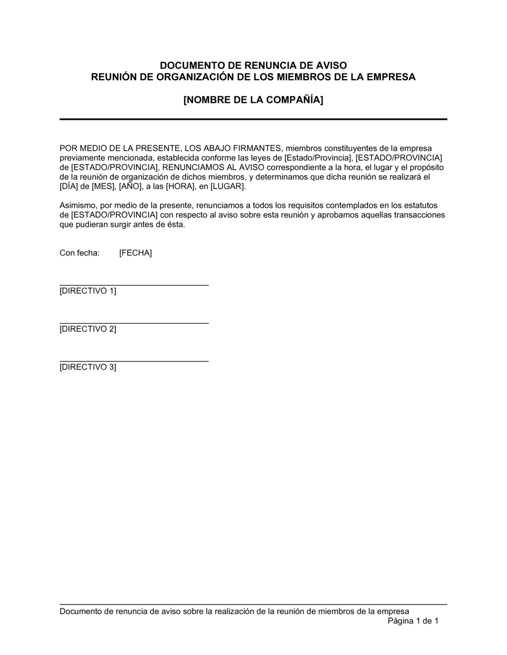 Business-in-a-Box's Notificación de renuncia a la asamblea de los miembros constituyentes