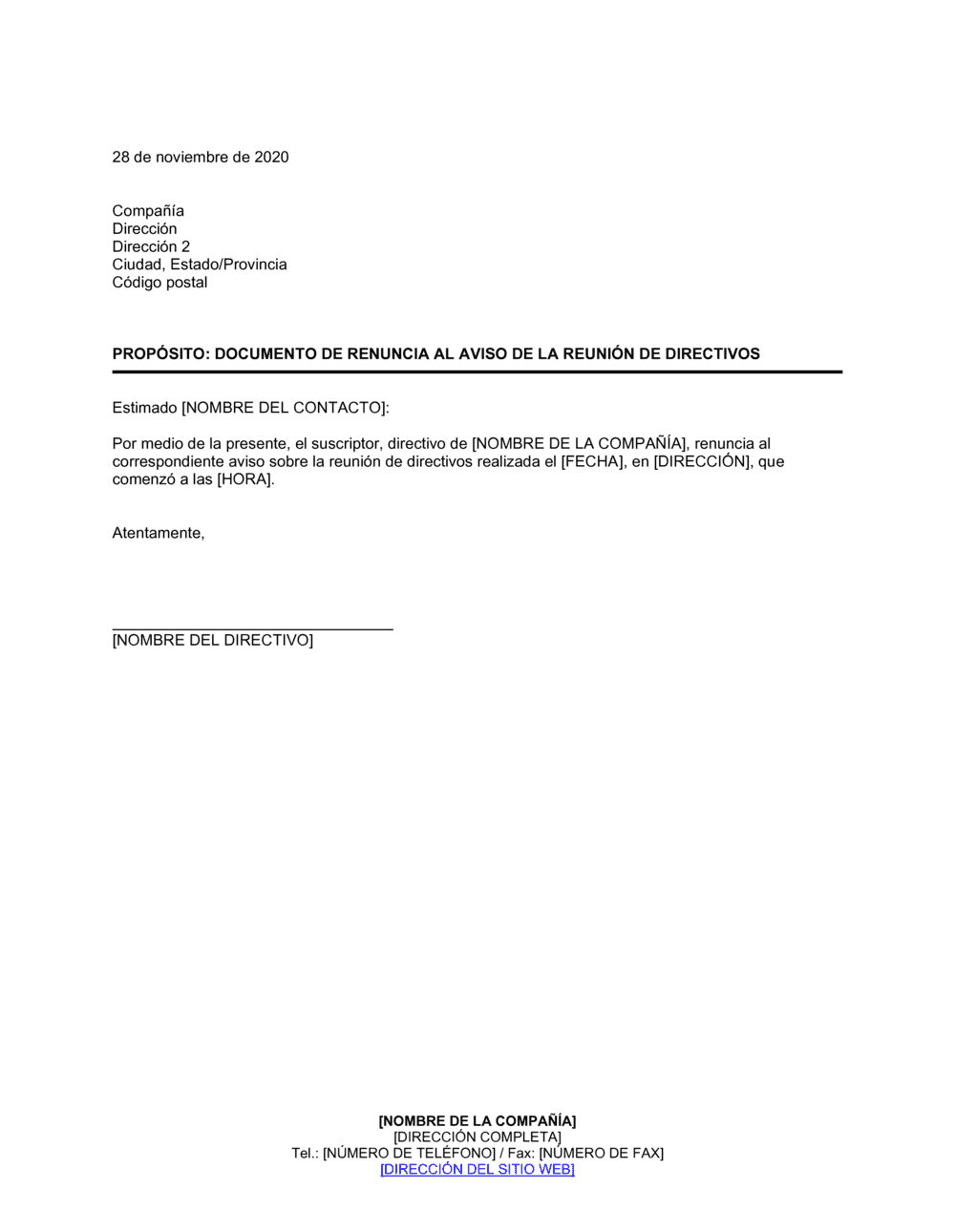 Business-in-a-Box's Notificación de renuncia a la asamblea del directorio