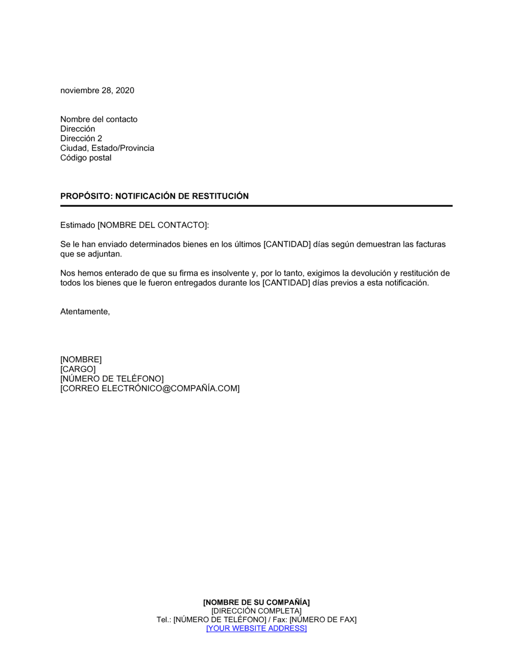 Business-in-a-Box's Notificación de restitución