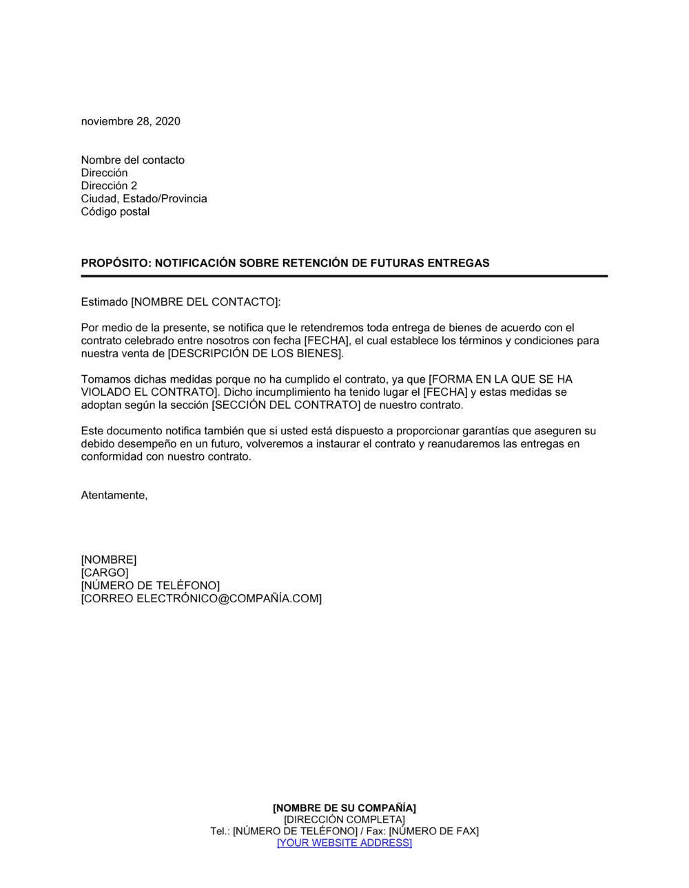 Business-in-a-Box's Notificación de retención de entregas futuras