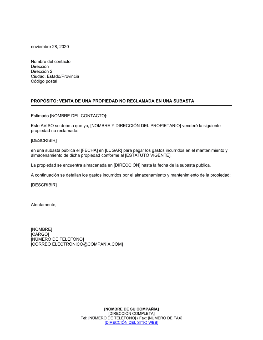 Business-in-a-Box's Notificación de un propiedad no reclamada en una subasta
