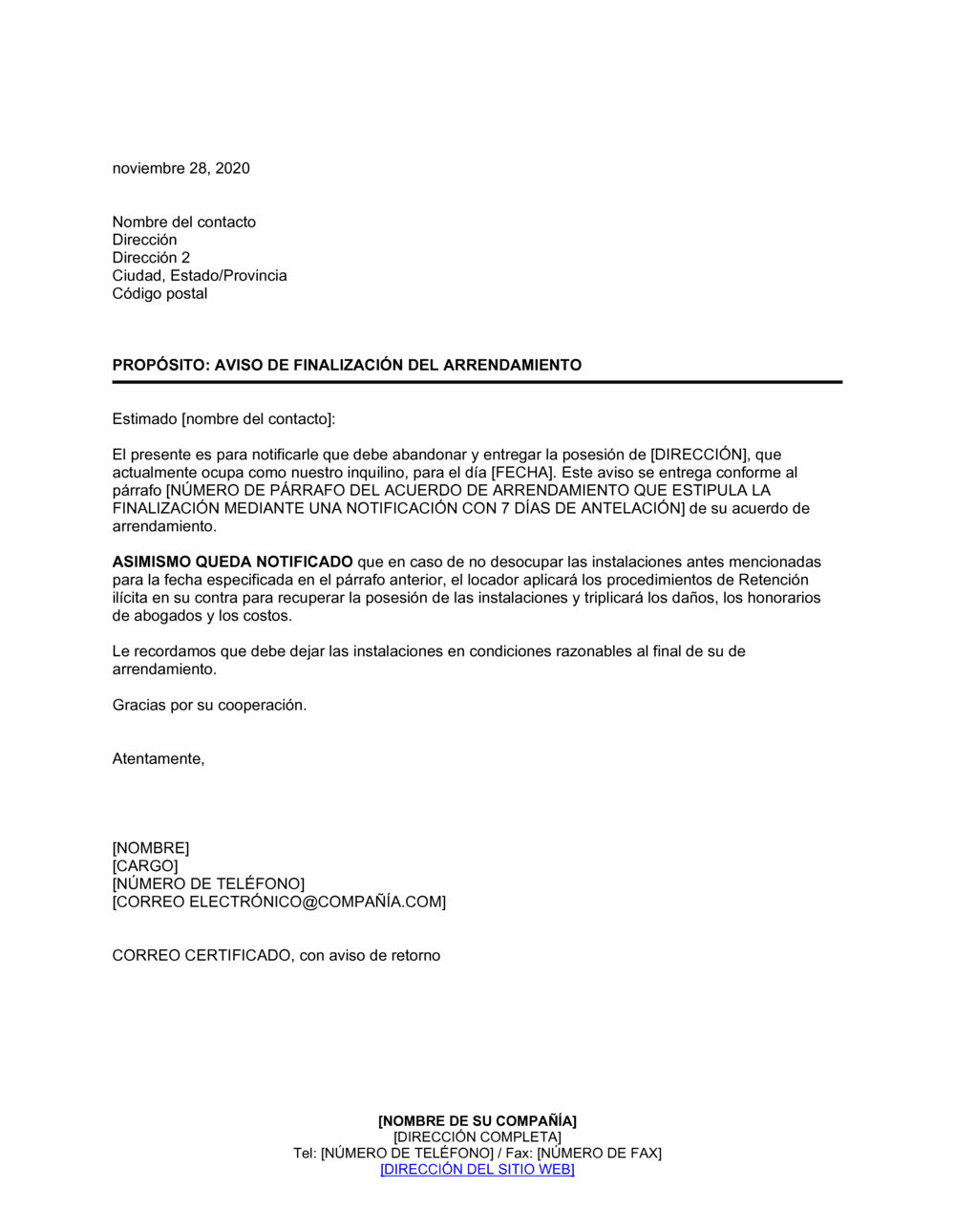 Business-in-a-Box's Notificación del arrendador sobre la finalización del arrendamiento