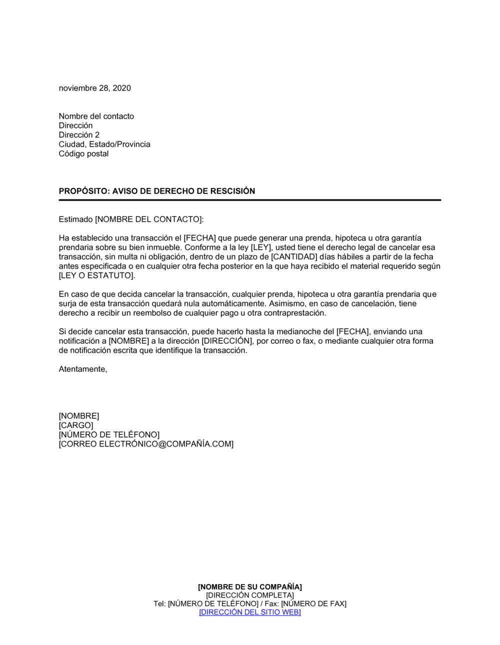 Business-in-a-Box's Notificación del derecho a rescindir