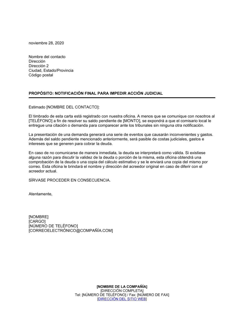 Business-in-a-Box's Notificación final para impedir acción judicial