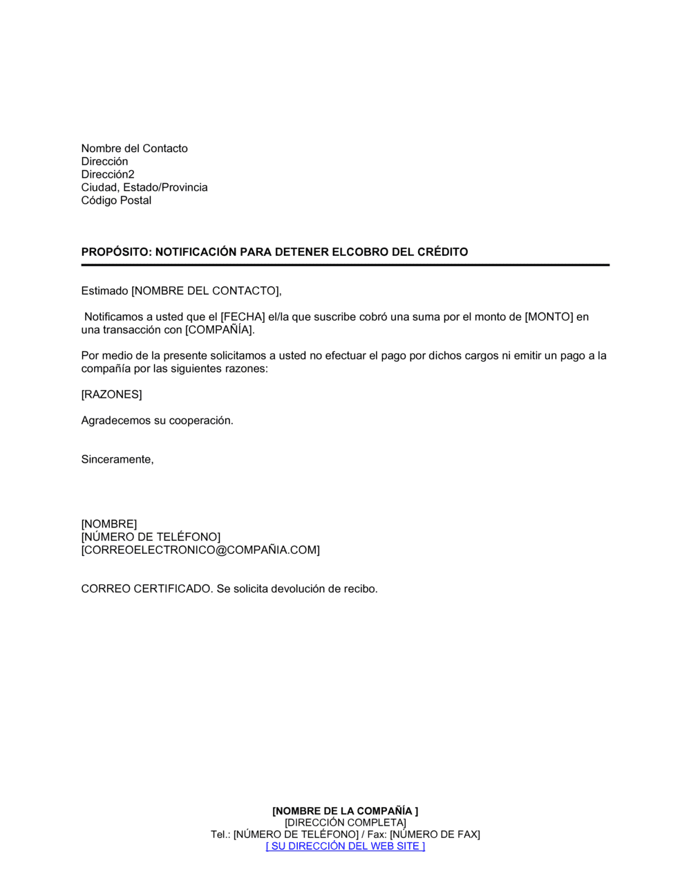 Business-in-a-Box's Notificación para detener el cobro del crédito