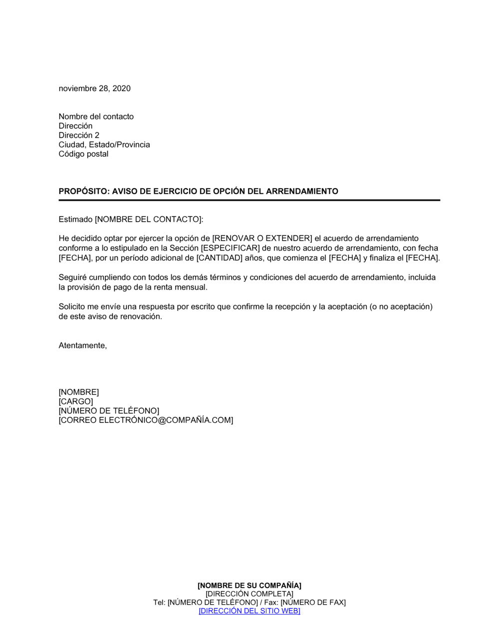 Business-in-a-Box's Notificación para ejercer la opción de locación