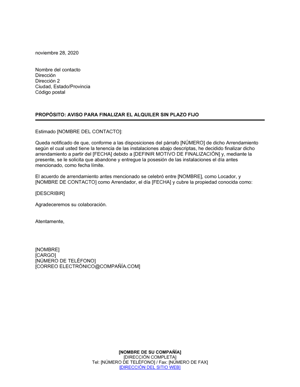 Business-in-a-Box's Notificación para finalizar el arrendamiento - Propietario