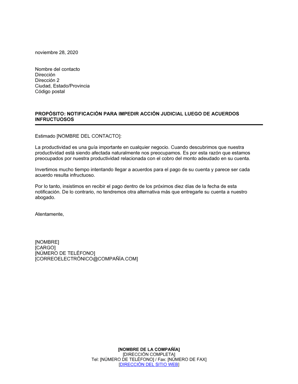 Business-in-a-Box's Notificación para impedir acción judicial luego de acuerdos infructuosos