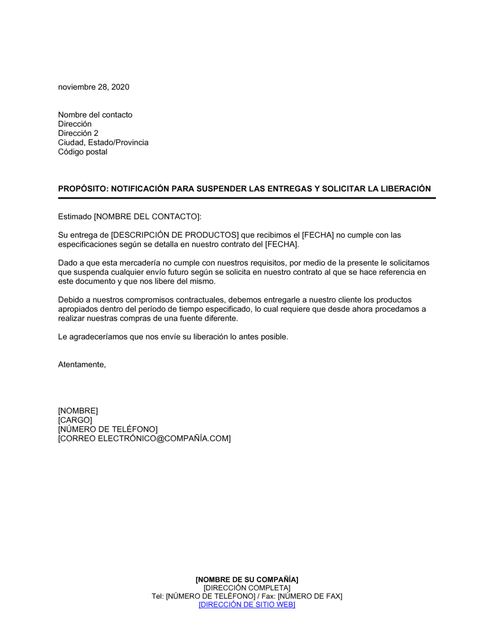 Business-in-a-Box's Notificación para suspender entregas y solicitar desvinculación