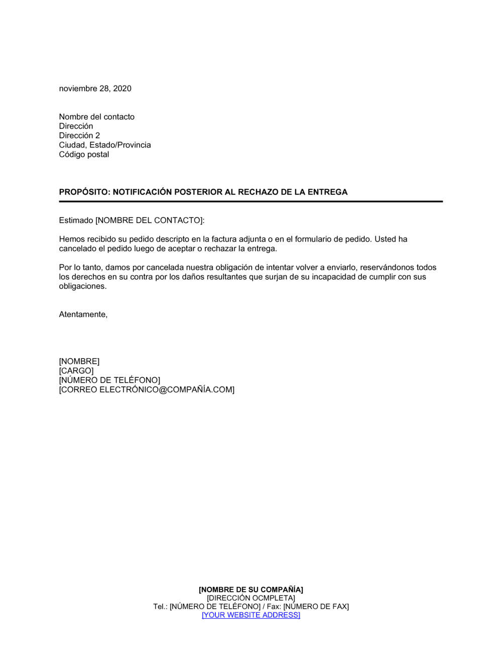 Business-in-a-Box's Notificación posterior al rechazo de la entrega