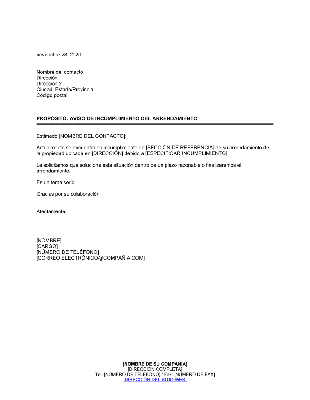 Business-in-a-Box's Notificación respecto de otro incumplimiento en alquiler