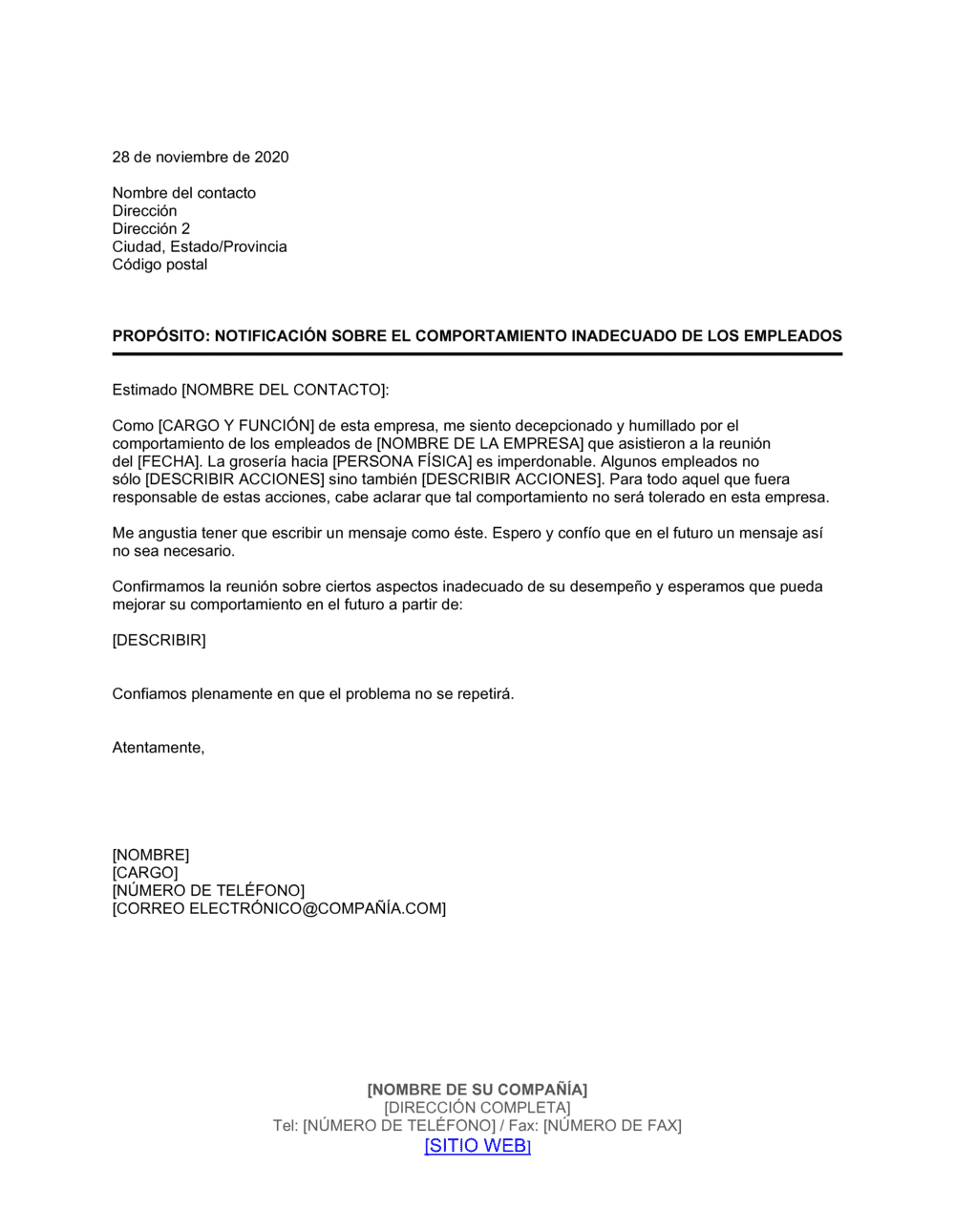Business-in-a-Box's Notificación sobre el comportamiento inadecuado de los empleados