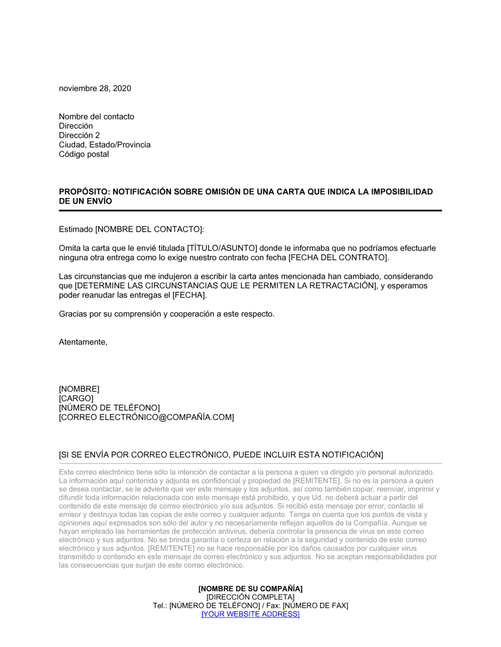 Business-in-a-Box's Notificación sobre omisión de una carta que indica la imposibilidad de un envío