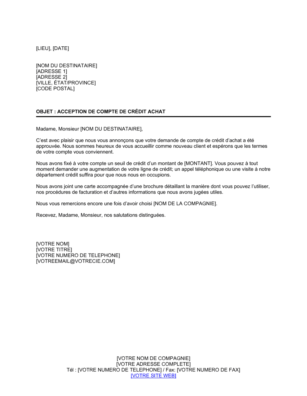 Business-in-a-Box's Notification d'acceptation d'ouverture de compte d'achat à crédit