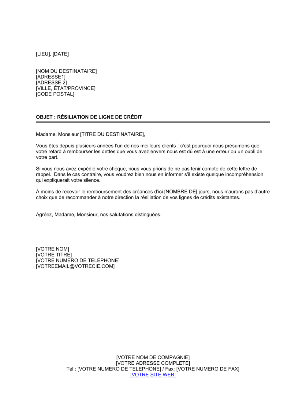 Business-in-a-Box's Notification d'annalution de ligne de crédit