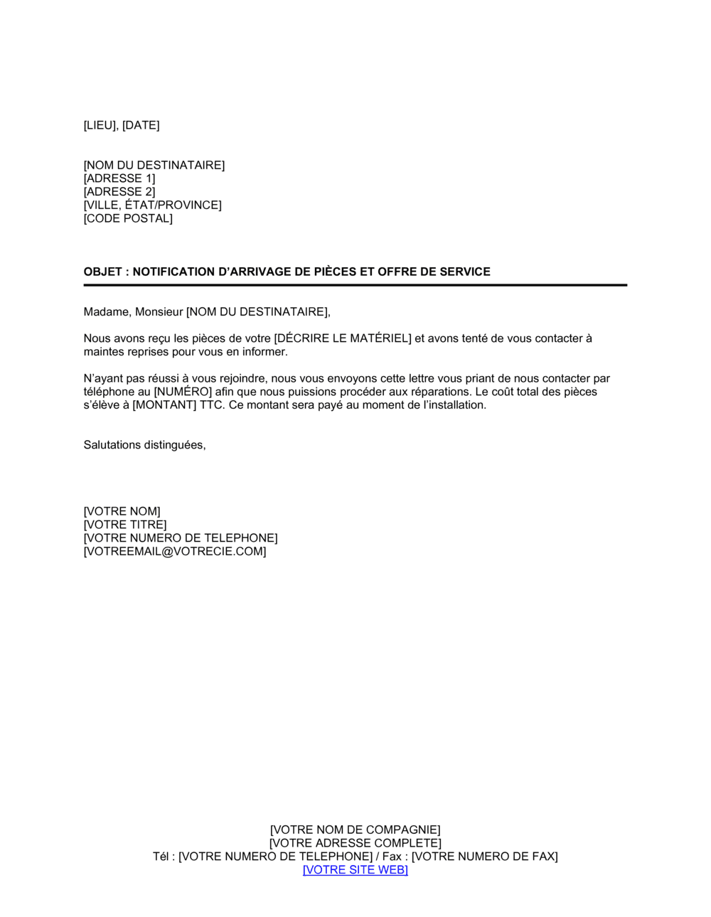 Business-in-a-Box's Notification d'arrivage de pièces et offre de service