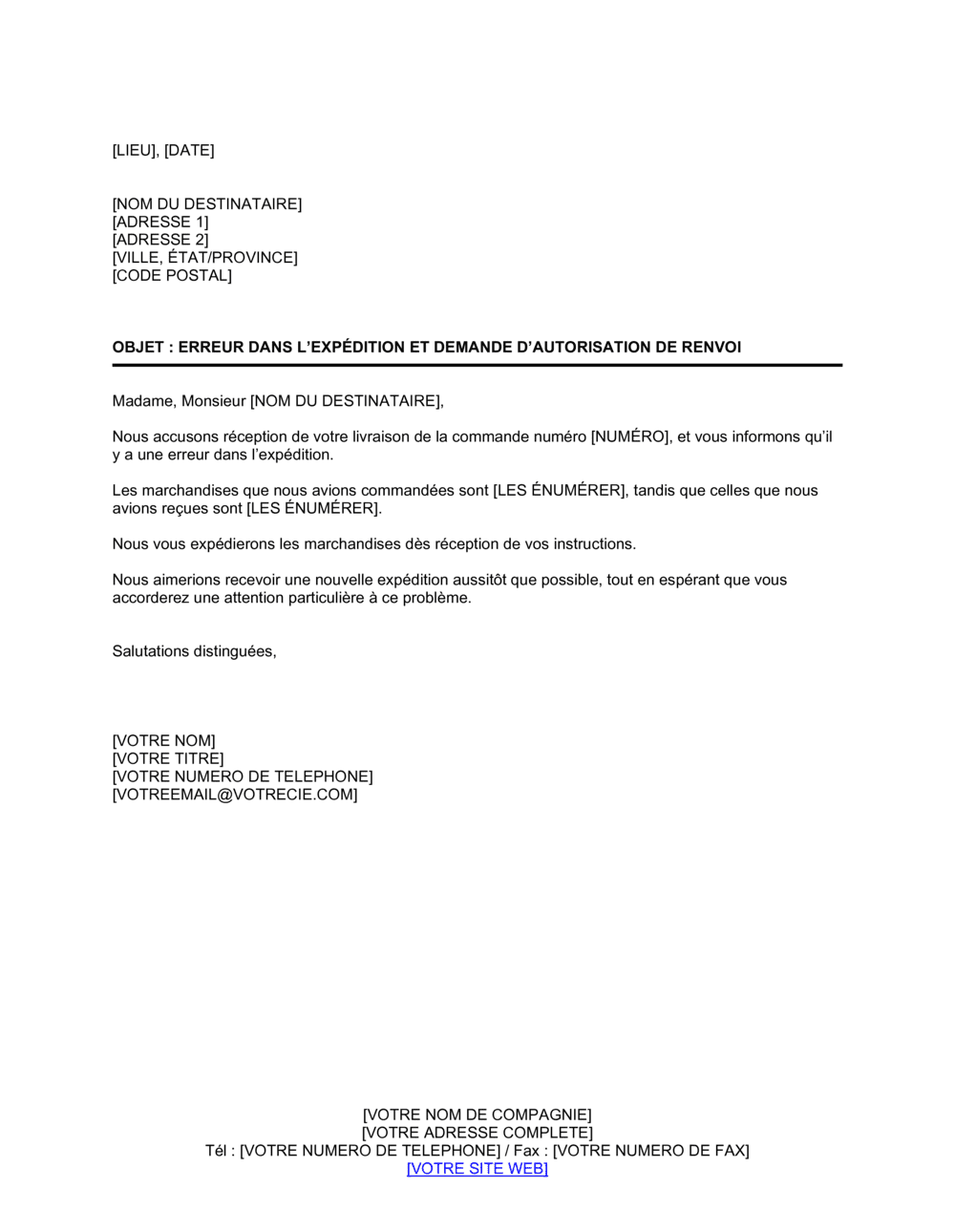 Business-in-a-Box's Notification d'erreur dans l'expédition et demande d'autorisation