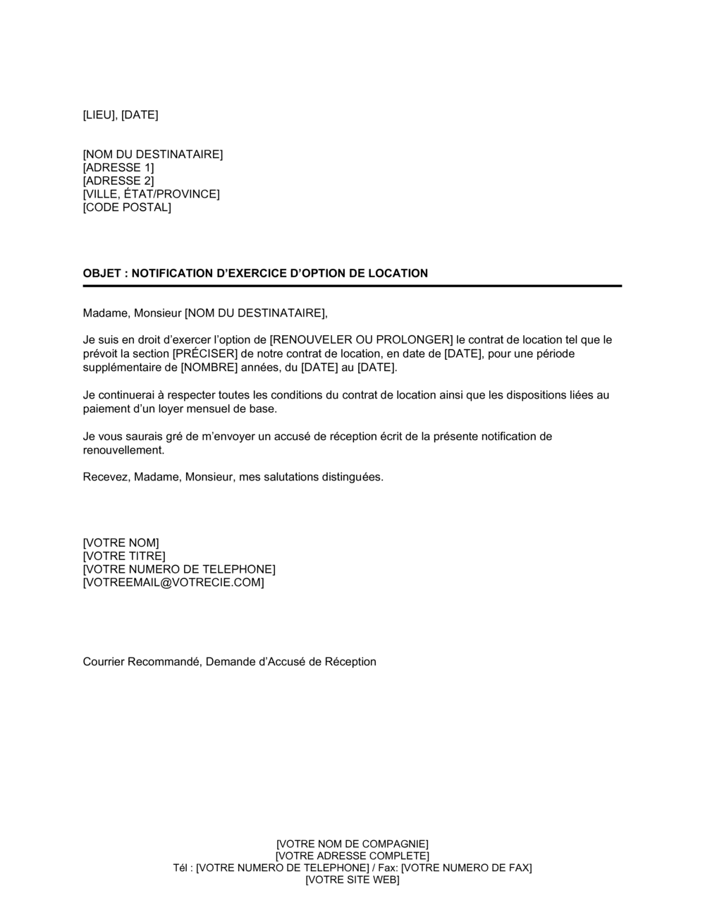 Business-in-a-Box's Notification d'exercice d'option de location