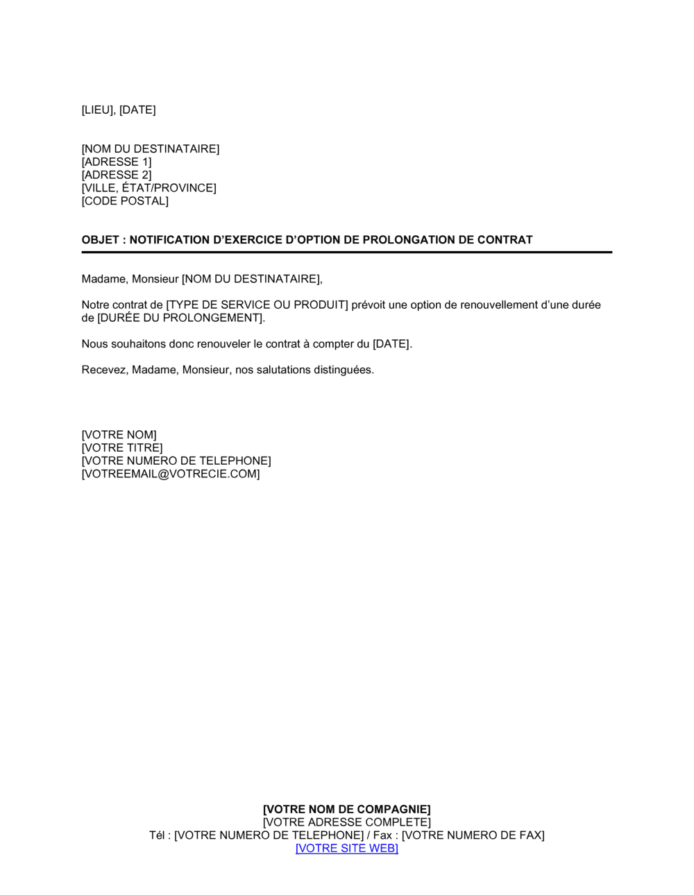 Business-in-a-Box's Notification d'exercice d'option de prolongation de contrat