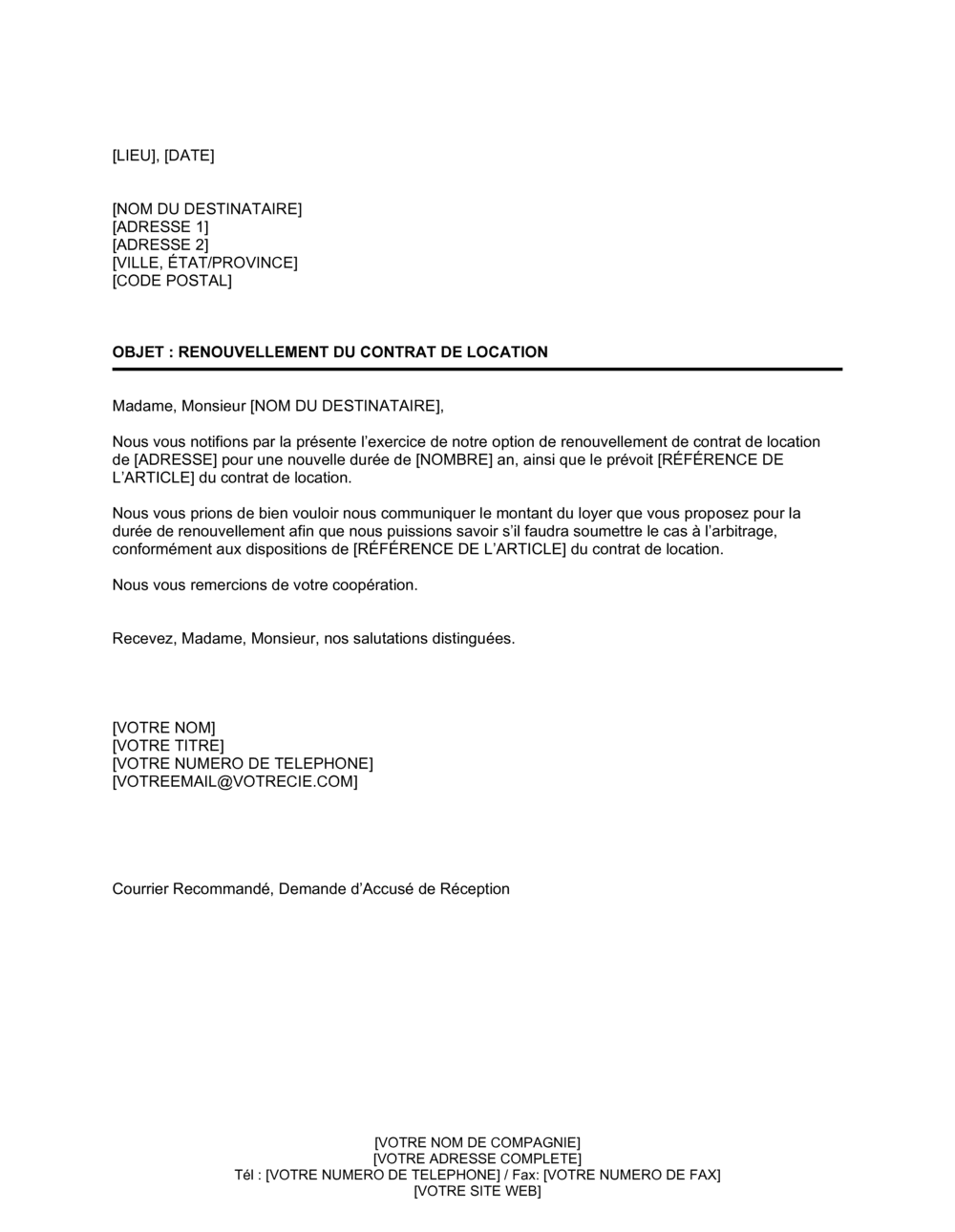 Business-in-a-Box's Notification d'exercice d'option de renouvellement de bail