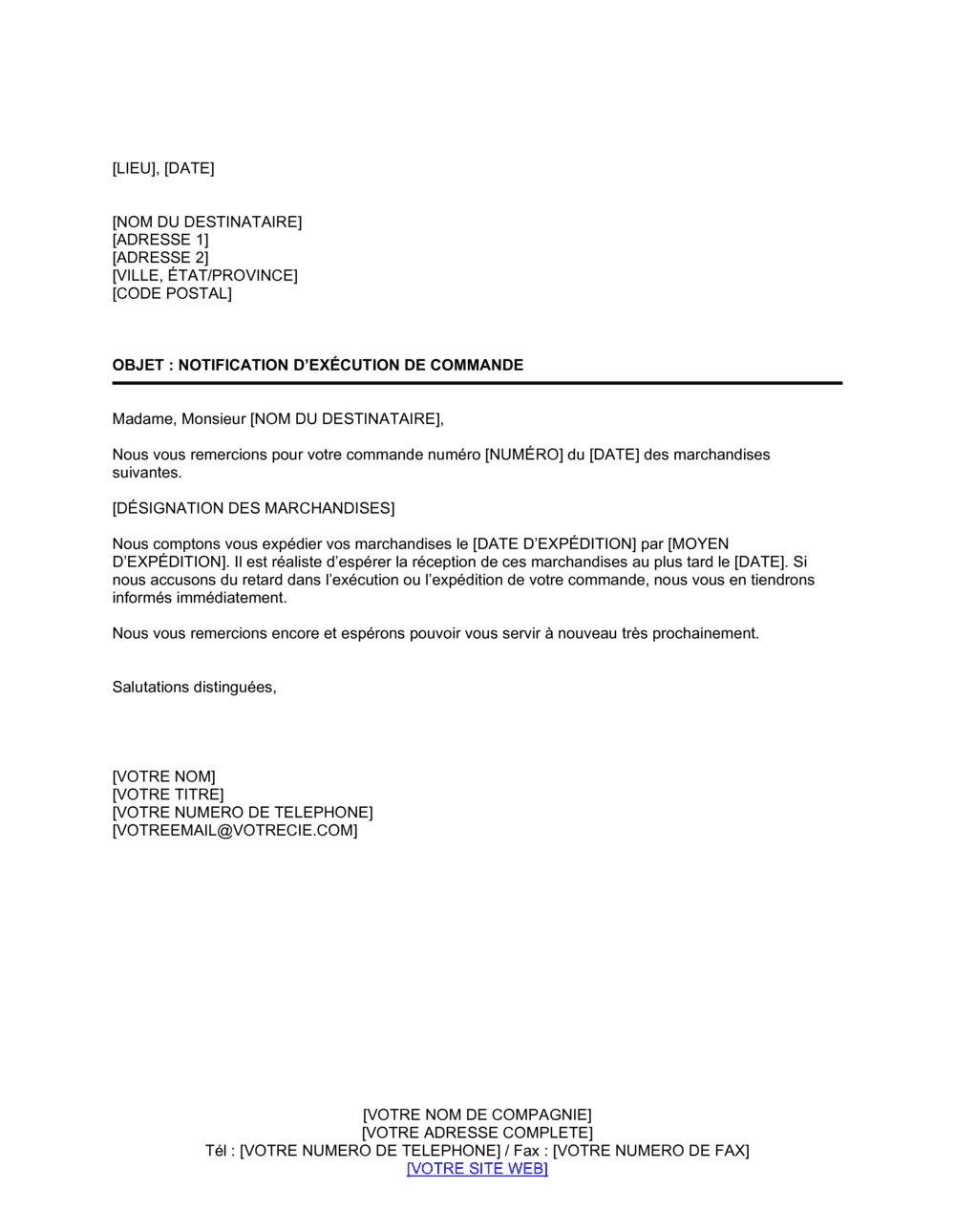 Business-in-a-Box's Notification d'exécution de commande