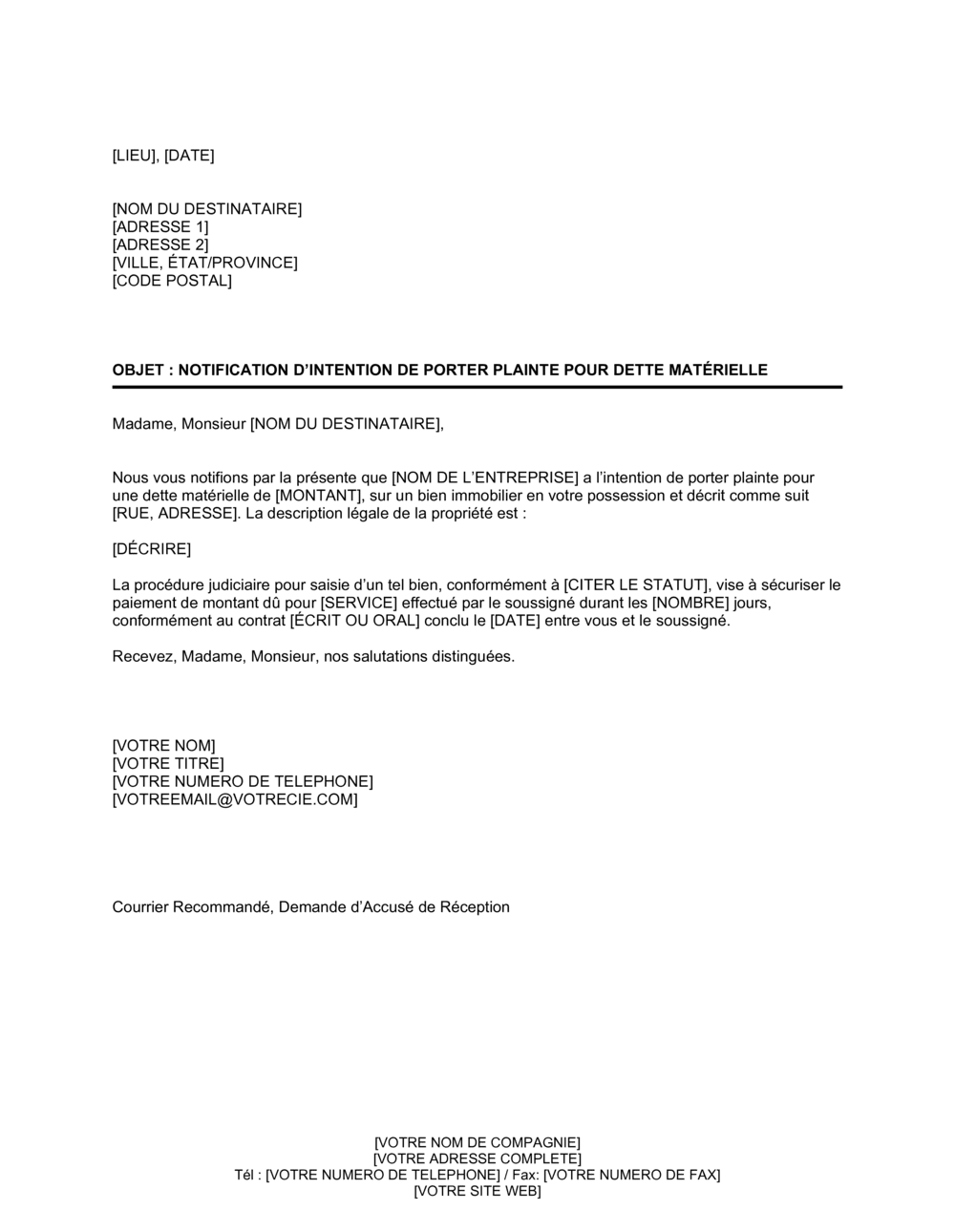 Business-in-a-Box's Notification d'intention de porter plainte pour dette matérielle