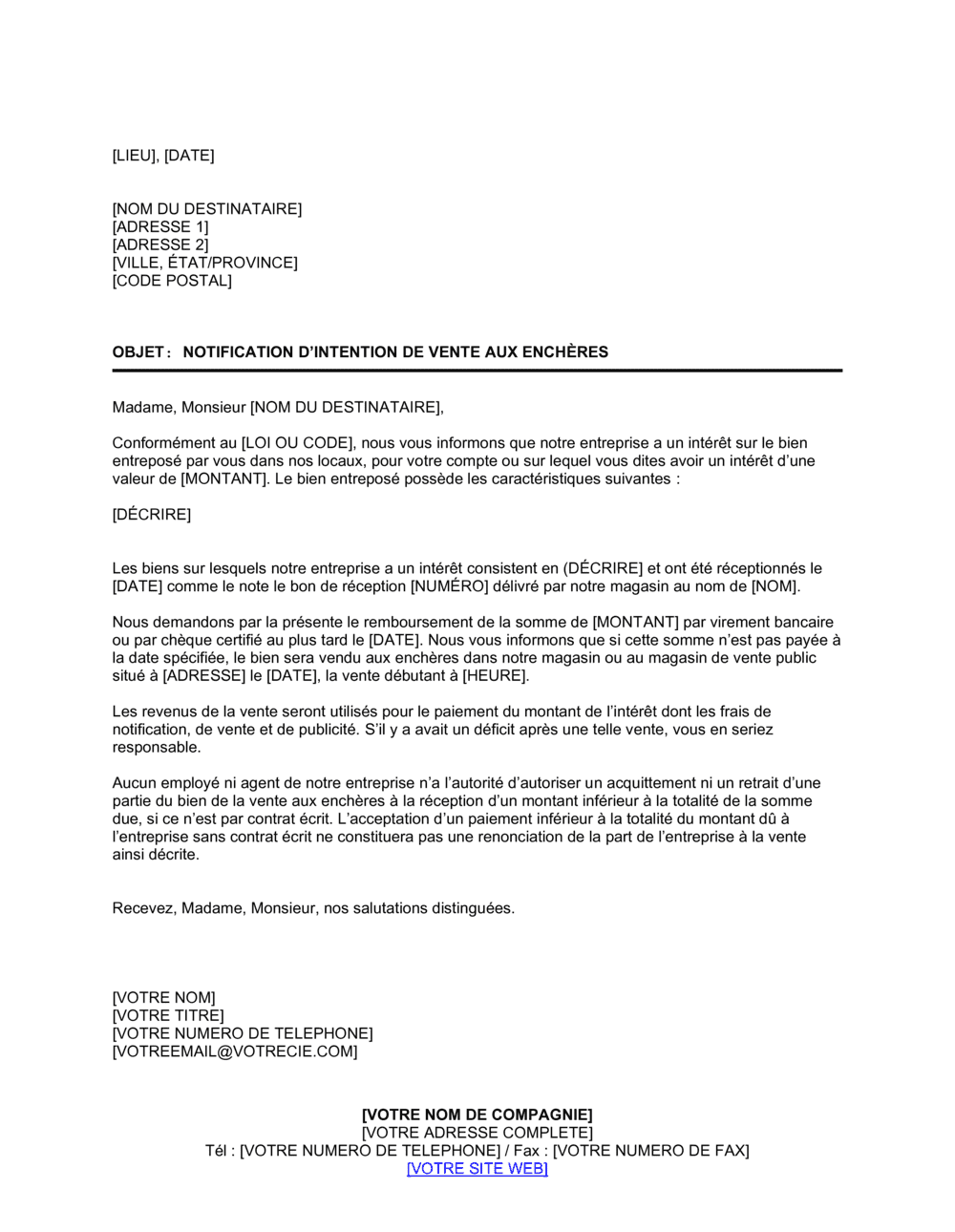 Business-in-a-Box's Notification d'intention de vente aux enchères