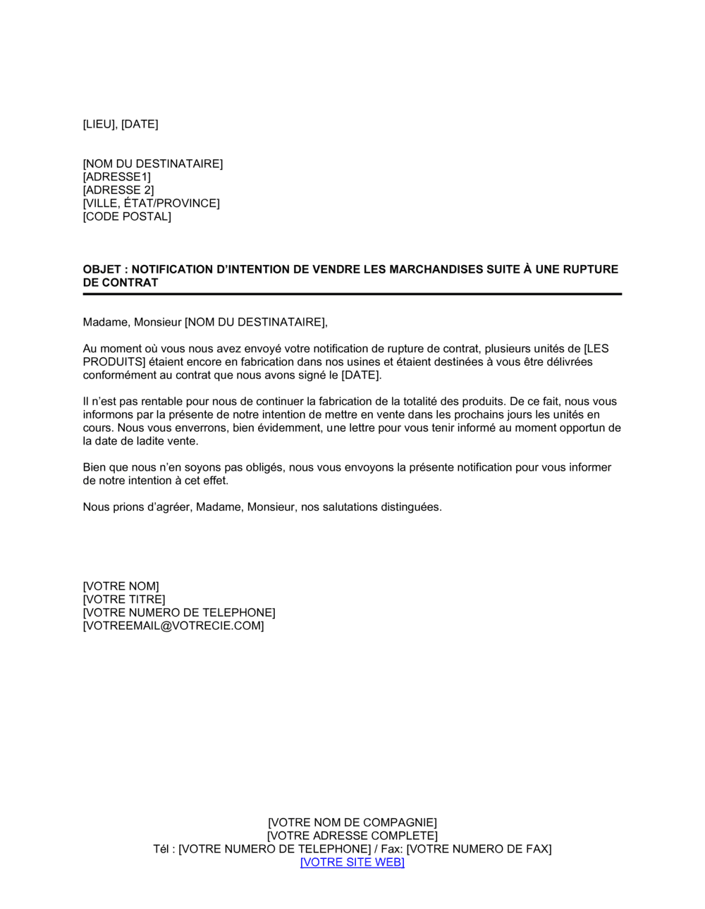 Business-in-a-Box's Notification d'intention de vente aux enchères suite à un bris de contrat