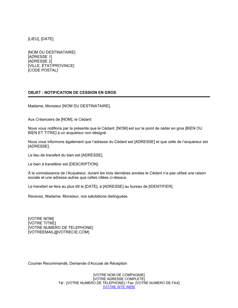 Business-in-a-Box's Notification de cession en gros