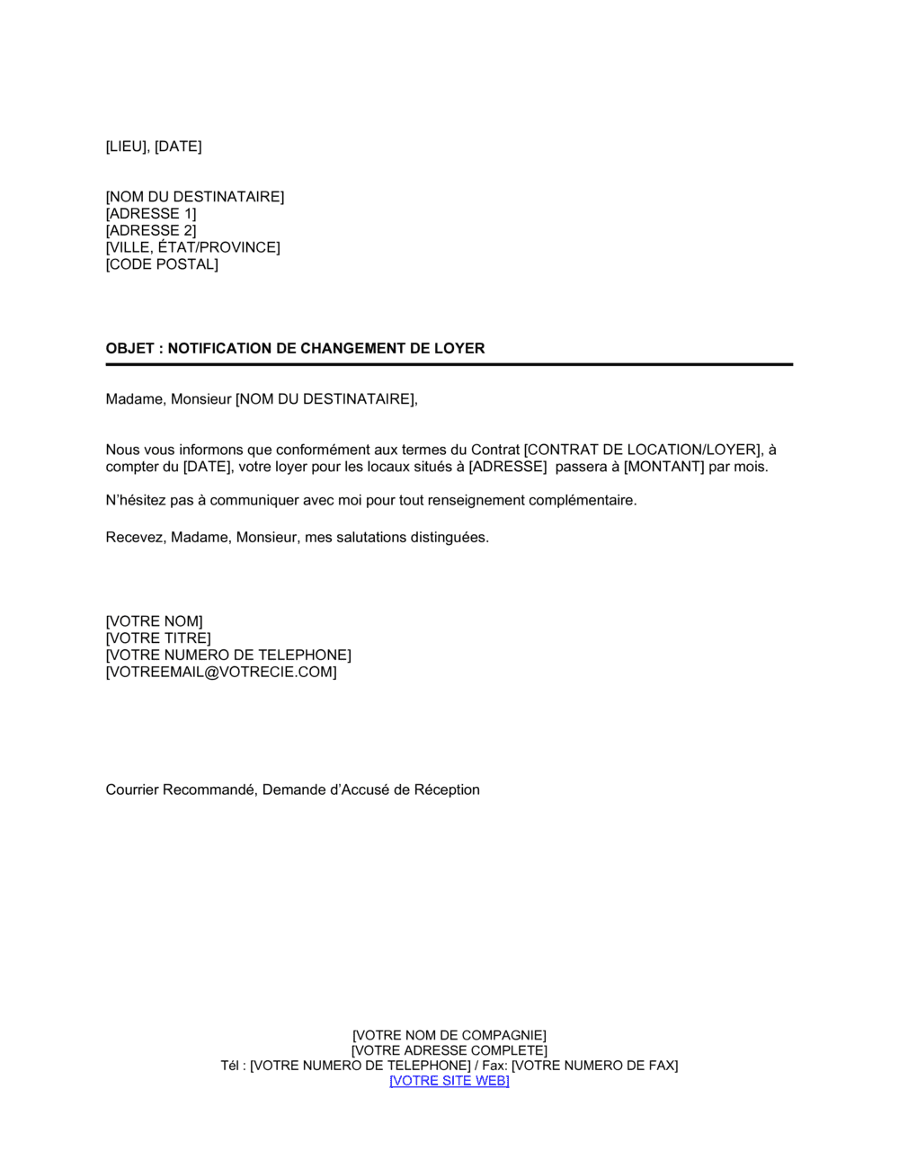 Business-in-a-Box's Notification de changement de loyer