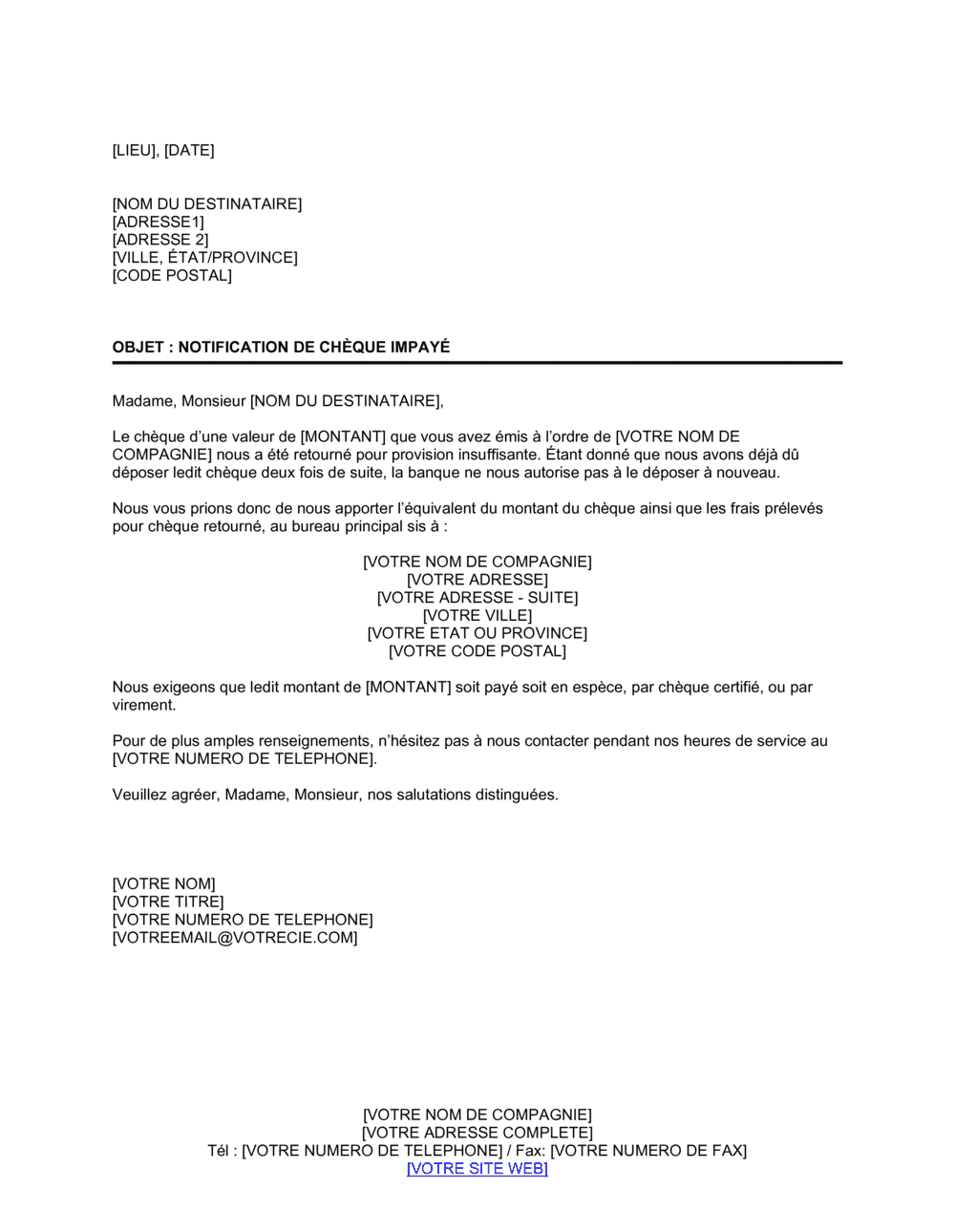 Business-in-a-Box's Notification de chèque sans provision